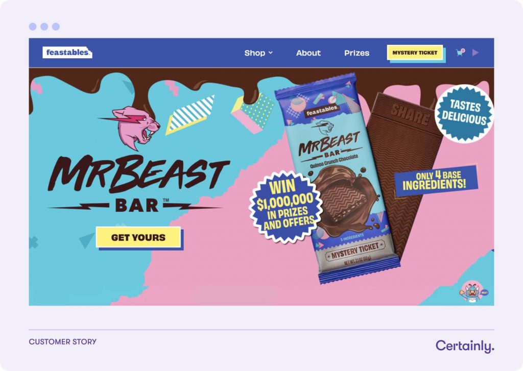 The homepage of MrBeast's Feastables webshop with the Certainly-powered chatbot in the corner.